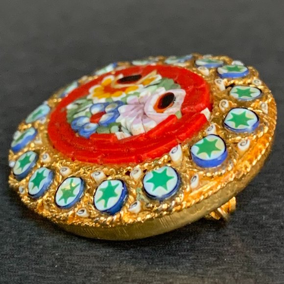VTG Pin Micro Mosaic Italian Brooch Oval Glass Floral Red Green Gold - Picture 5 of 8